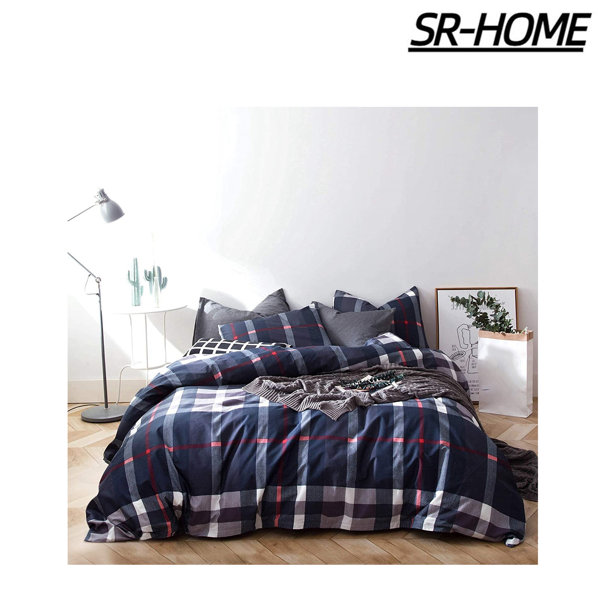 SR-HOME Housse de couette à carreaux 100% coton, bleu marine, tartan
